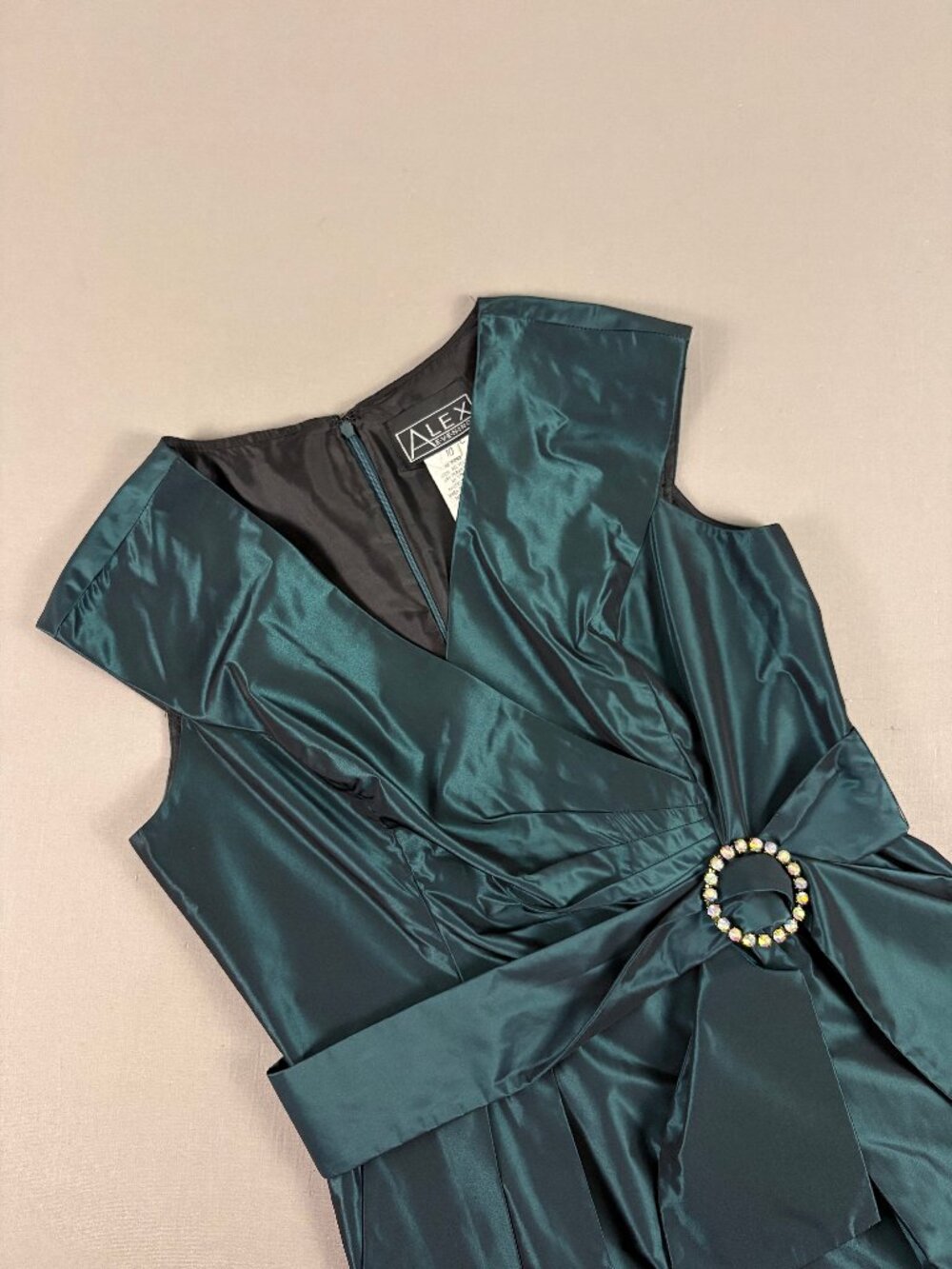 Alex Evenings Teal Rhinestone Buckle Faux Wrap Cocktail Formal Dress Size 10